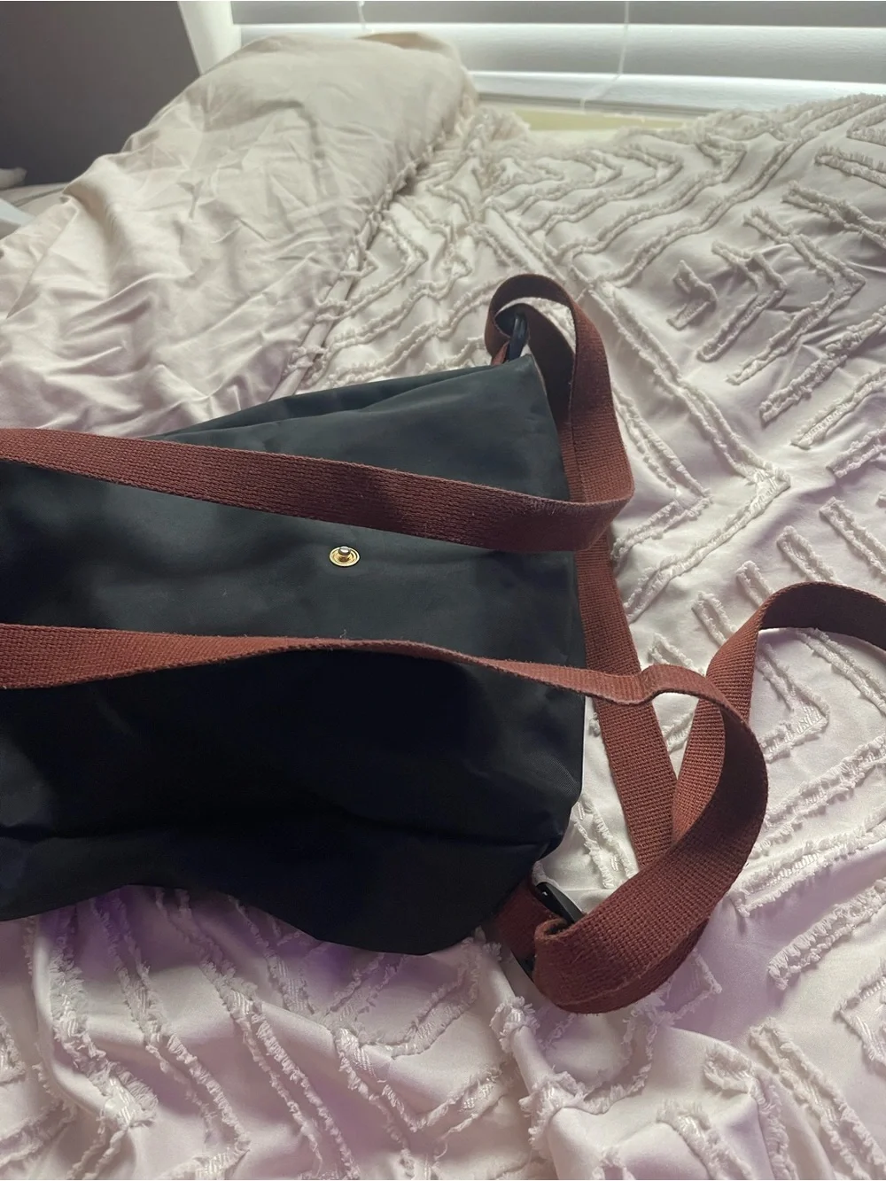 Longchamp Black Nylon Mini Backpack with Brown Leather Trim
